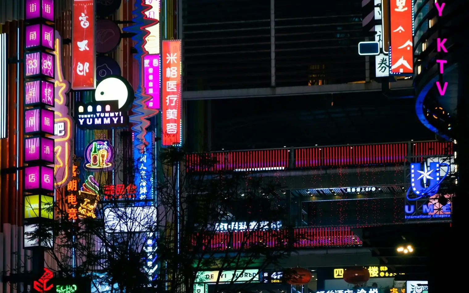 A dense wall of illuminated Chinese neon shop signs on a city street at night