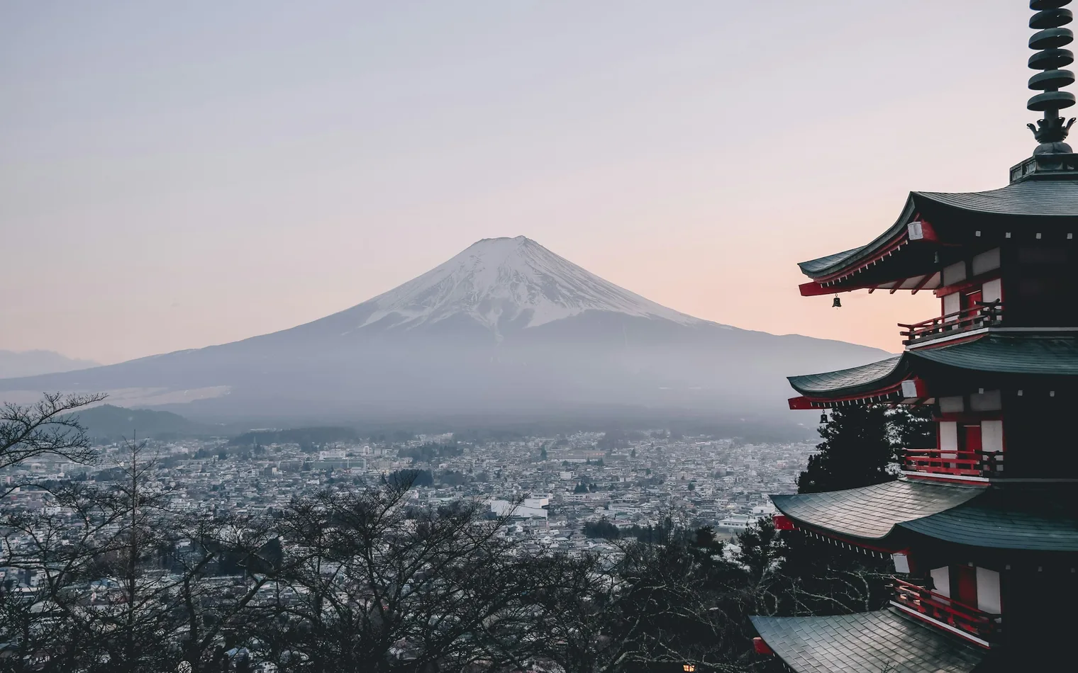 The Chureito Pagoda above Fujiyoshida, with Mount Fuji behind it, Japan