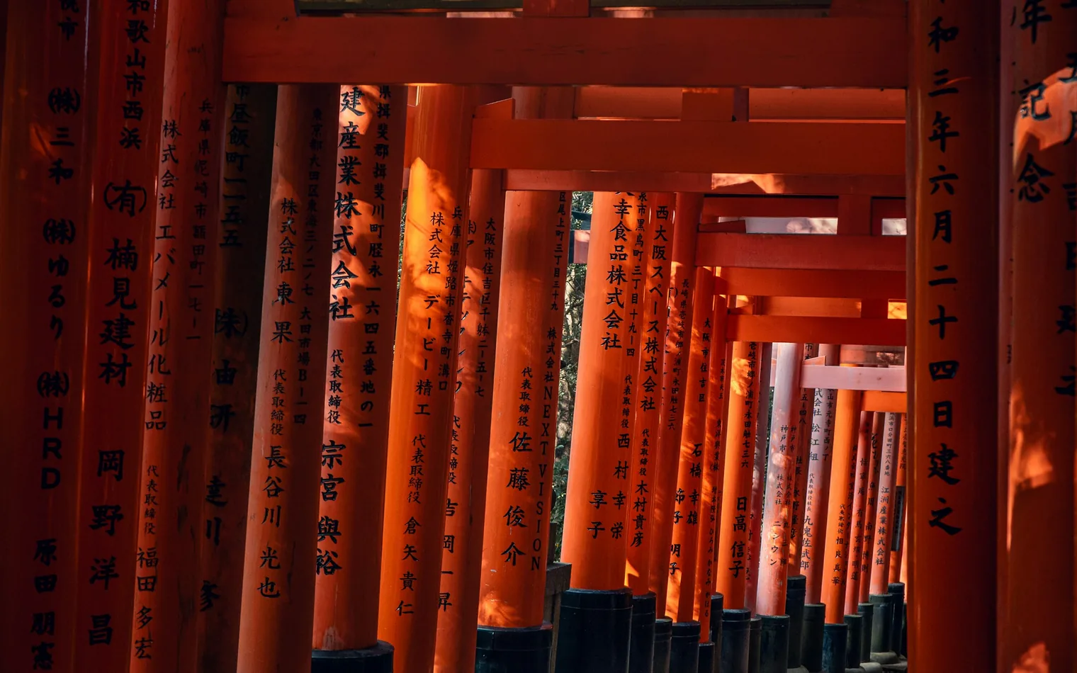 Path through the vermilion torii gates of Fushimi Inari Taisha, Kyoto, Japan