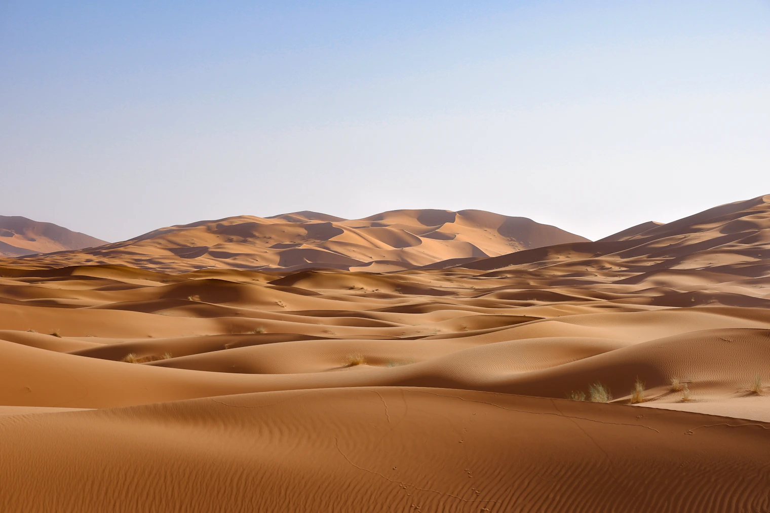 Sweeping sand dunes at golden hour in the Sahara desert near Merzouga, Morocco