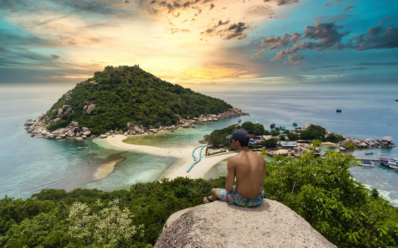 View from a hilltop over the sandbar linking the Koh Nang Yuan islands, off Koh Tao, Thailand