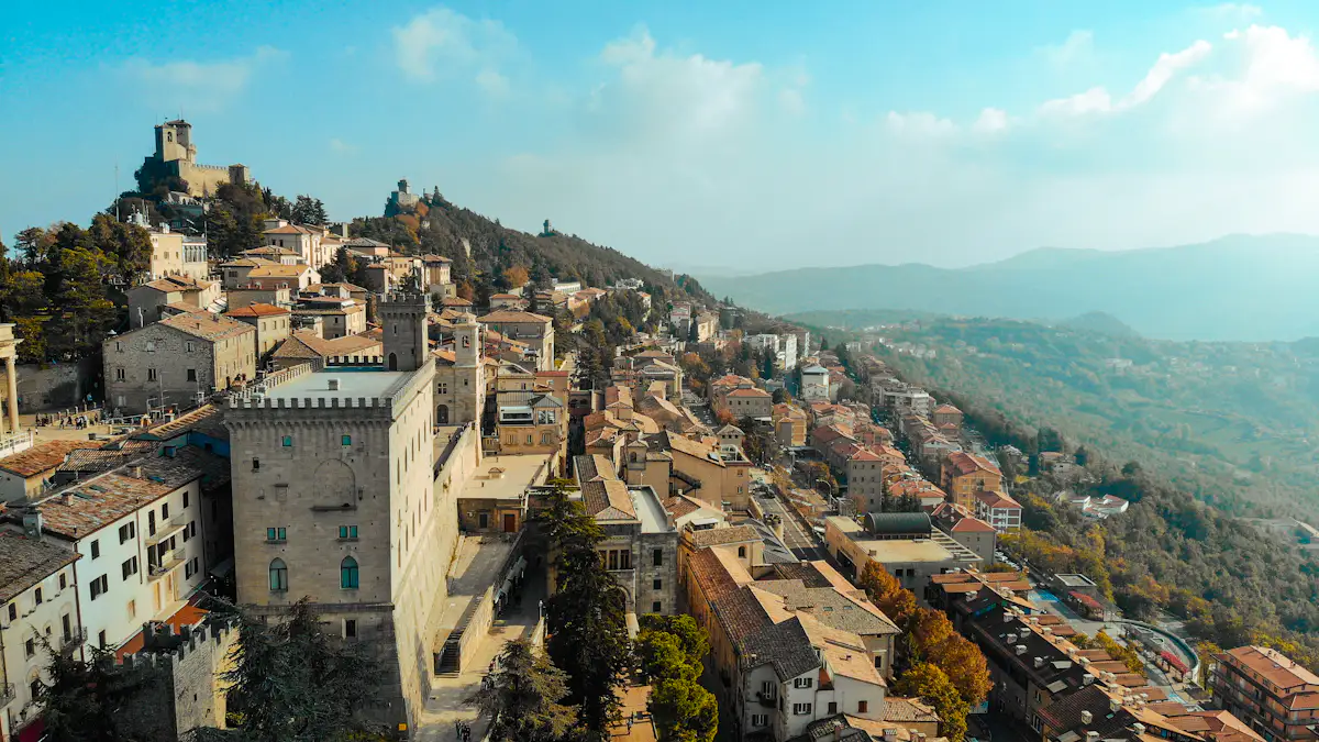 San Marino's walled hilltop old town and Guaita tower overlooking the Italian countryside