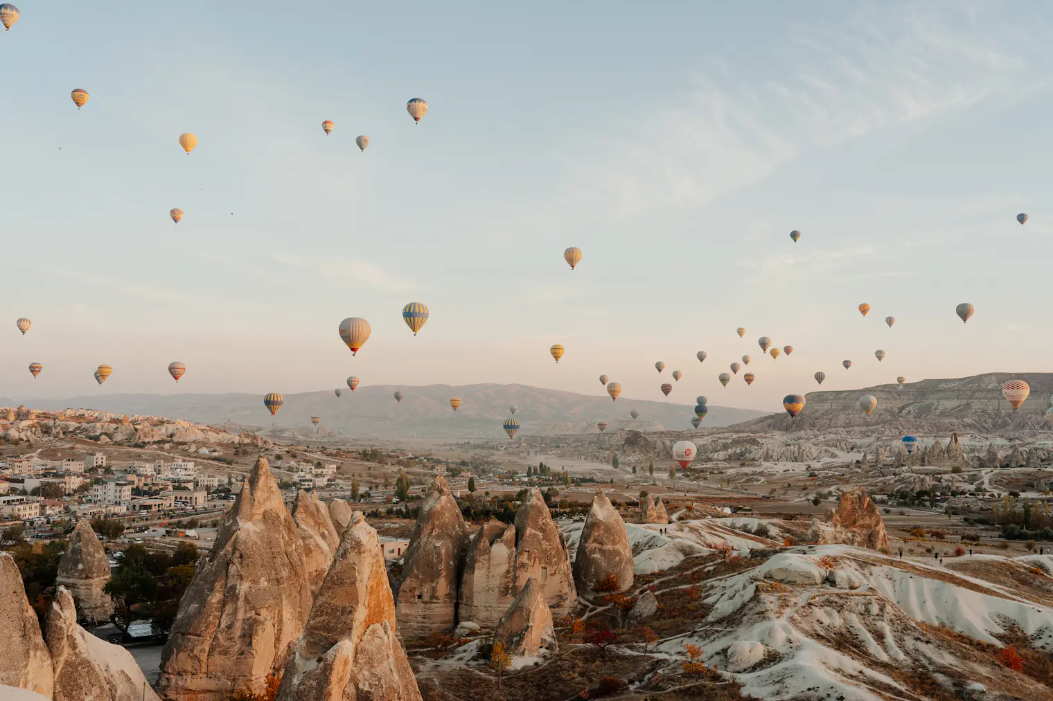 Hot-air balloons over the rock formations of Göreme, Cappadocia, Turkey