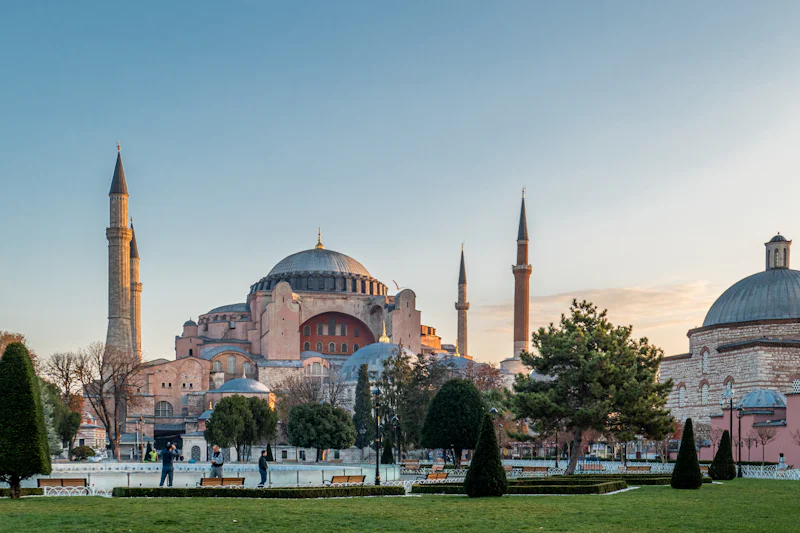Hagia Sophia in Istanbul, Turkey, seen across the gardens of Sultanahmet